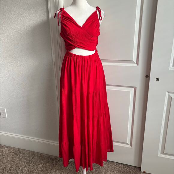 Lulus Seek Your Sunshine Red Tie-Strap Cutout Tiered Maxi Dress M Vacation - Picture 2 of 13